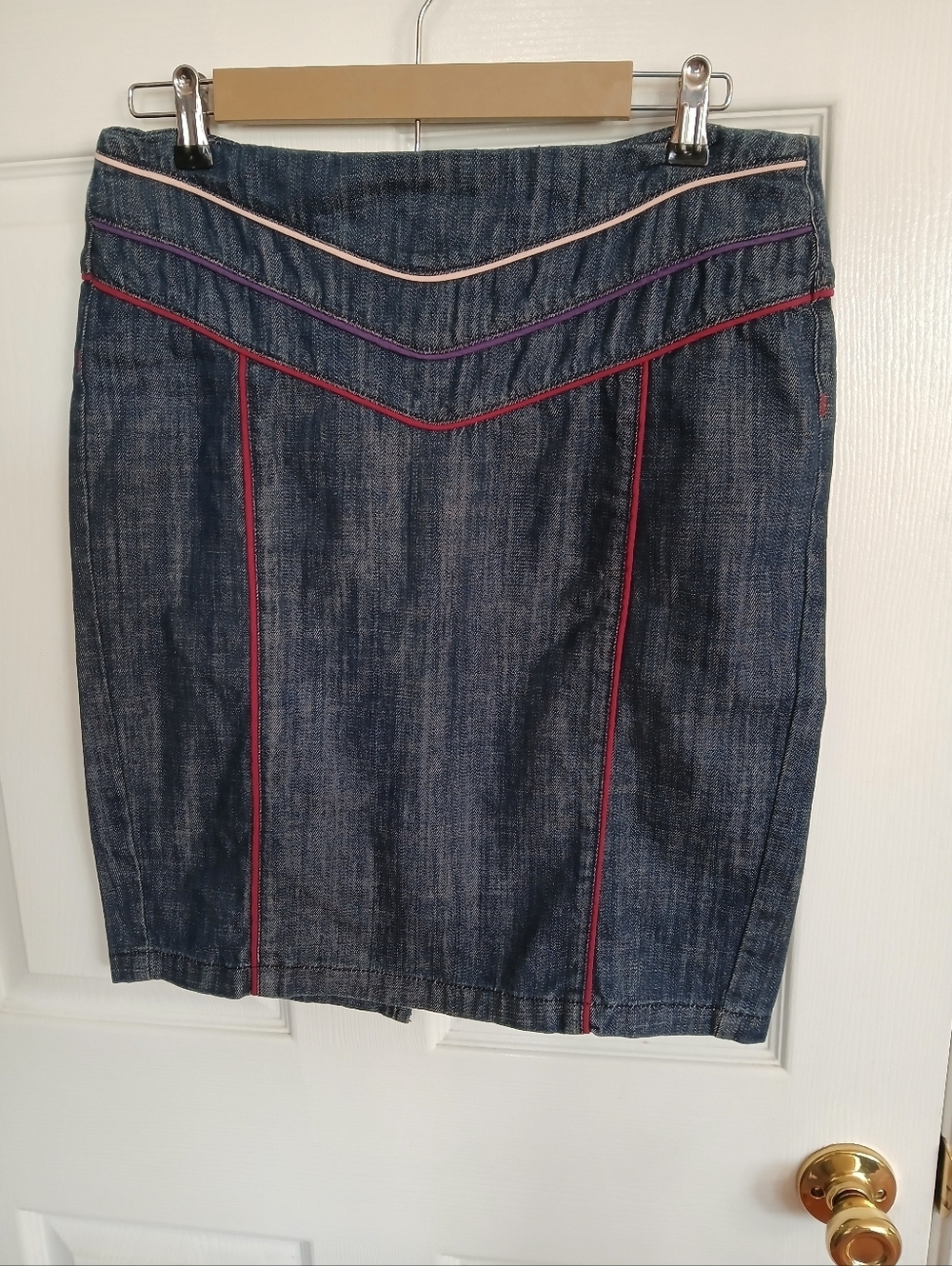 silence + noise Dark Denim Pencil Skirt with Pink, Purple and Red Piping Preppy